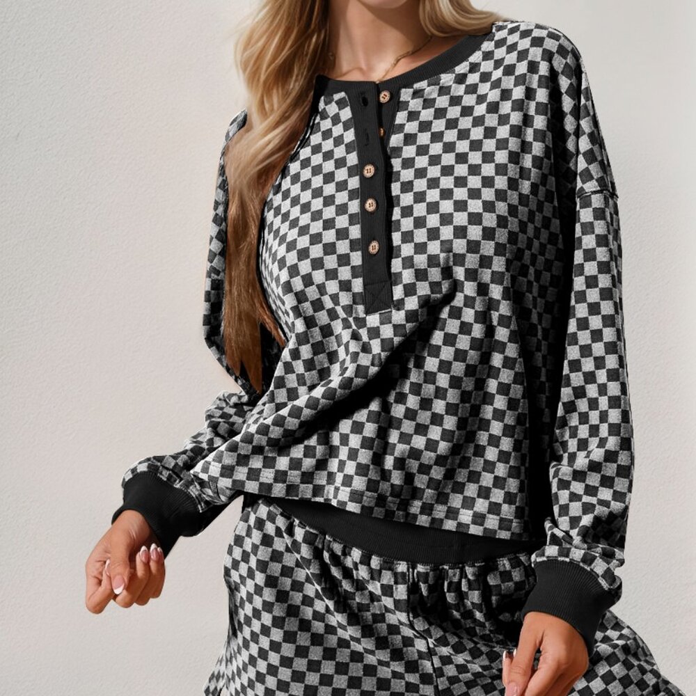 Double Take Checkered Half Button Top and Shorts Set
